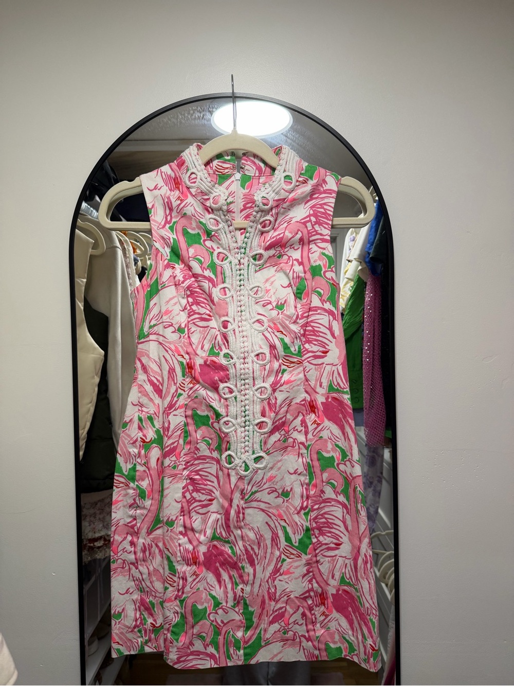 Lilly Pulitzer Flamingo Print Shift Dress Size 0 Rope Trim Sleeveless